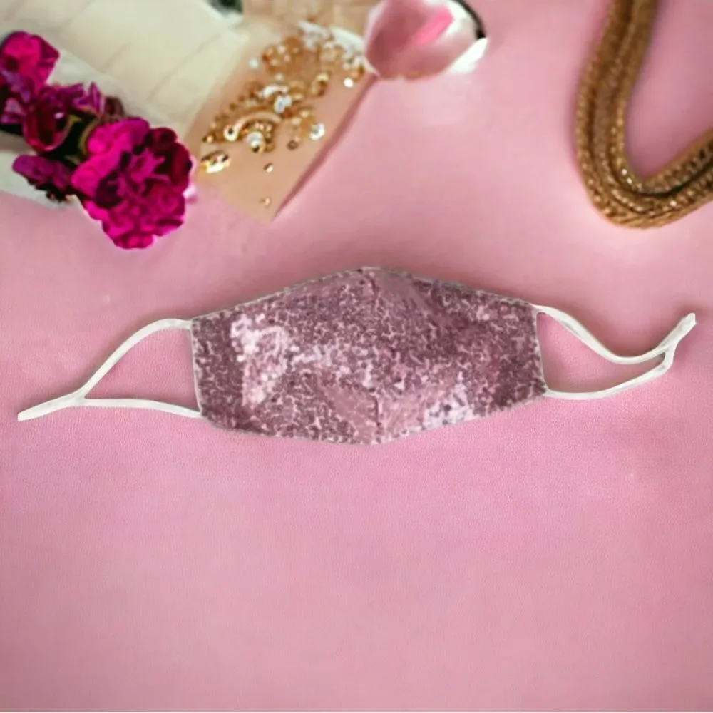 New Dressy Pink Sequin Gauze Face Mask With Filter Pocket